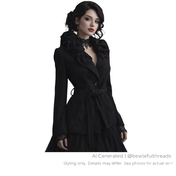 Lilibleu Jackets & Blazers - LILIBLEU Black Rosette Belted Jacket Coquette Goth Romantic Peplum Coat
